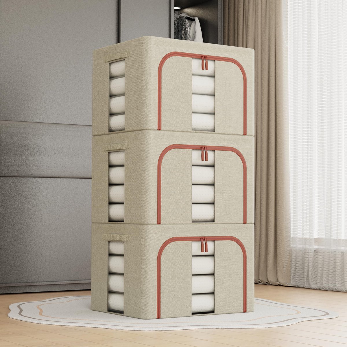 Omgoods - 3 Stuks Kleding Opbergdozen - 66L Beige Vouwbare Opbergmanden met Dekkingen