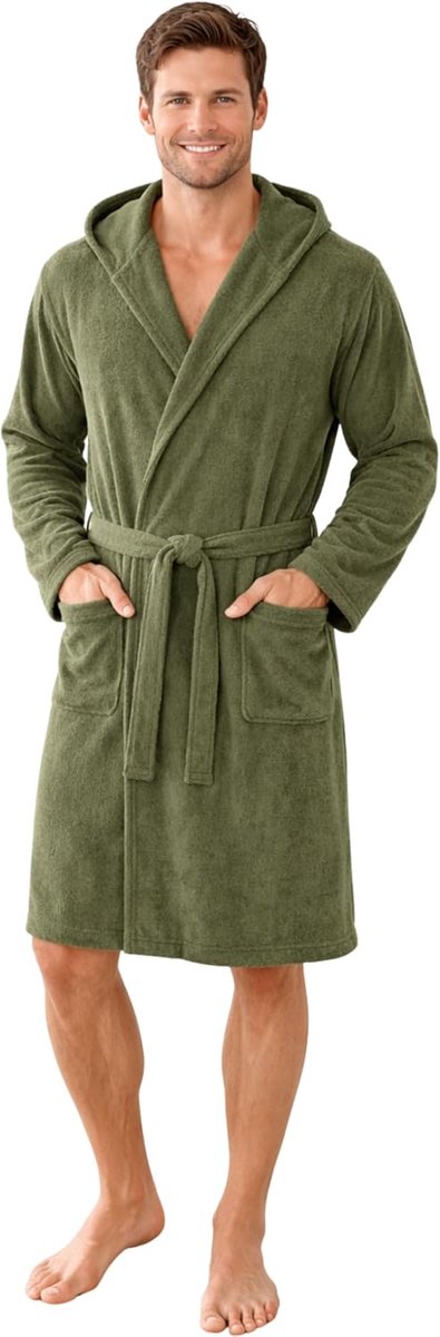 Badjas heren lichte badstof dun 100% katoen kort met capuchon Oeko-Tex Standard M groen