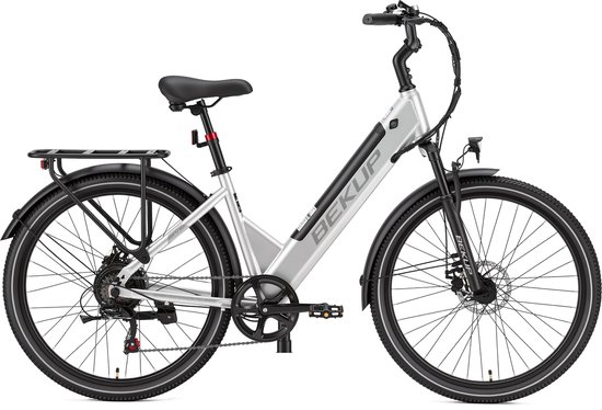 Bekup V1 Elektrische stadsfiets - 26 inch lage instap - 522Wh lange actieradius accu - 250W achterwielmotor - 45Nm koppel - Shimano 7 versnellingen - Schijfremmen voor en achter - LCD-display - Geveerde zadelpen - Zilverwit — afbeelding 2