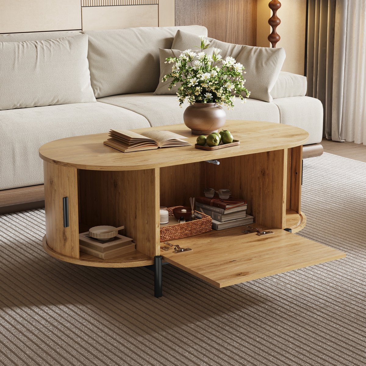 Ovale salontafel met rotan vlechtwerk - houtnerfimitatie - metalen tafelpoten - woonkamer salontafel met opbergruimte - houtkleur