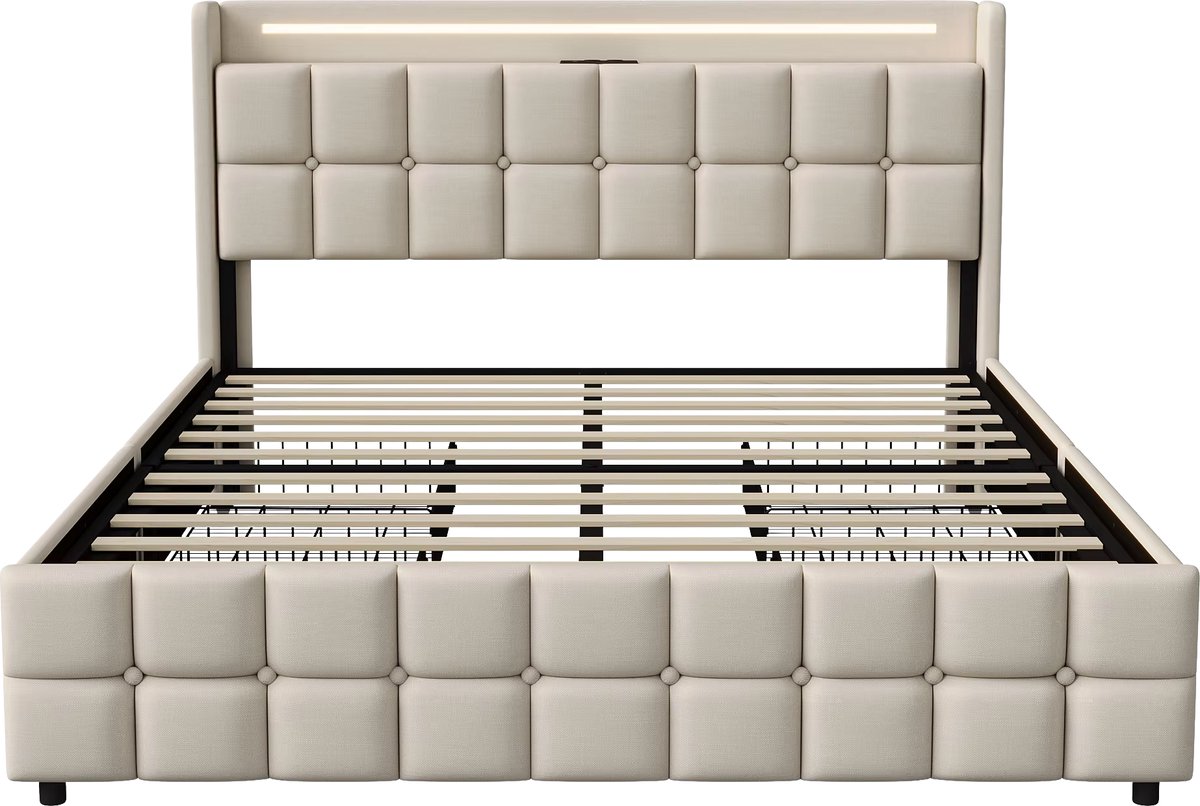 Opbergbed 140x200 cm Beige - met Opbergruimte, Hoofdbord, Oplaadstation
