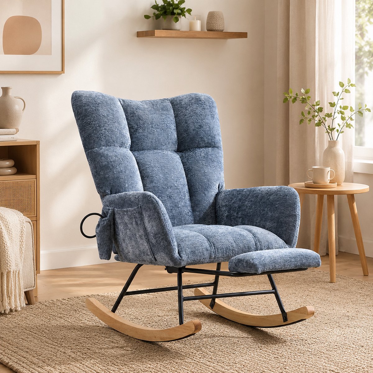 Schommelstoel - Fauteuil - Voedingsstoel - Comfortabele Relaxstoel - Leesstoel - Met voetenbank - Met een hoge rugleuning - Chenillestof - Geschikt voor woonkamer, slaapkamer en kantoor - Blauw