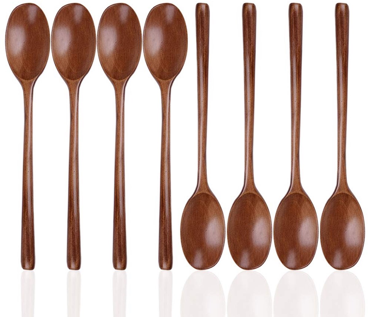Omgoods- Soeplepel Houten Set - 8 Stuks - Handgemaakt Nanmu-hout - Vaatwasmachinebestendig - Antikras - Natuurlijk Olieglazuur - Perfect Cadeau - Keukelepel