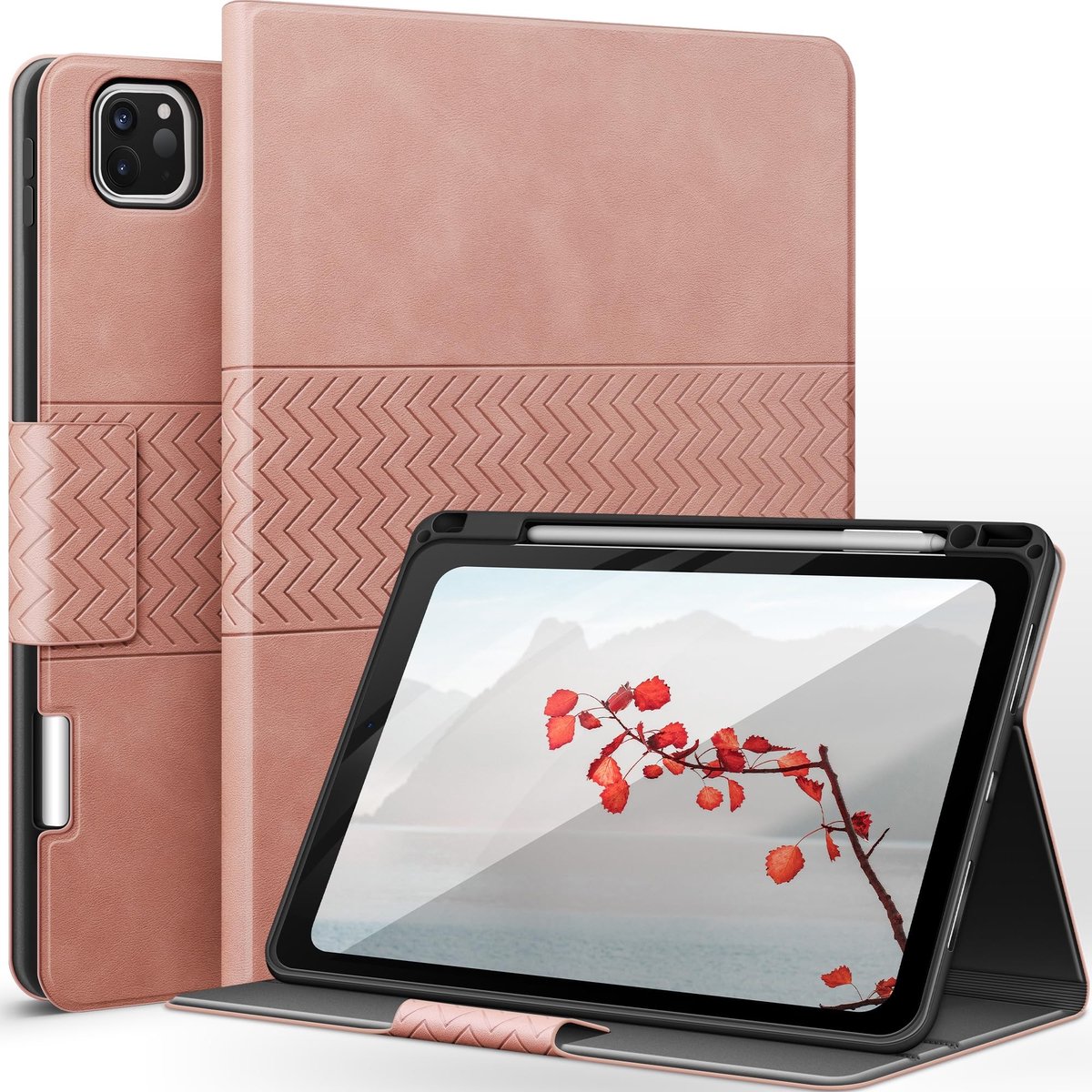 Omgoods - iPad Pro 11 Inch Case met Pencil Houder - Auto Sleep/Wake Functie - Shockproof PU Leer (Roze)
