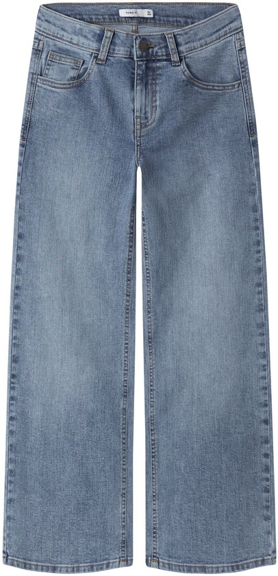 Lichtblauwe wijde jeans met vijf zakken en ritssluiting.