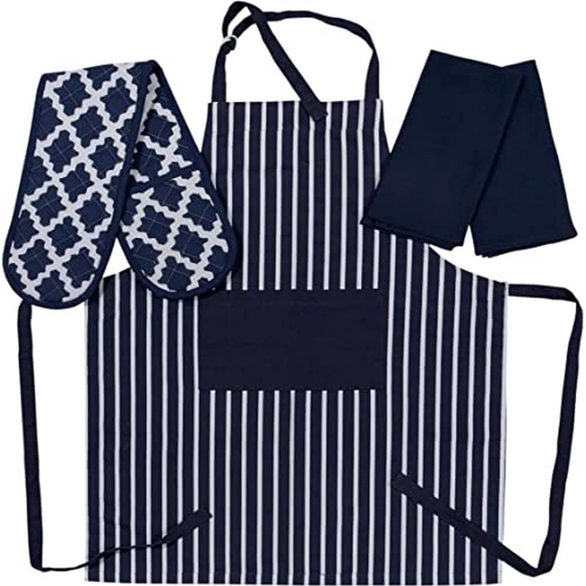 Omgoods - Keuken Schort, Ovenwant en Theedoeken Set - 100% Katoen - Marineblauw