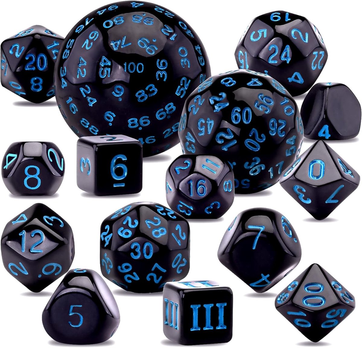 15 Stuks Complete Polyhedral Dice Set D3-D100 Game Dice Set met een Lederen Trekkoord Opbergtas voor Rollenspel Tafel Games, Zwart en Blauw