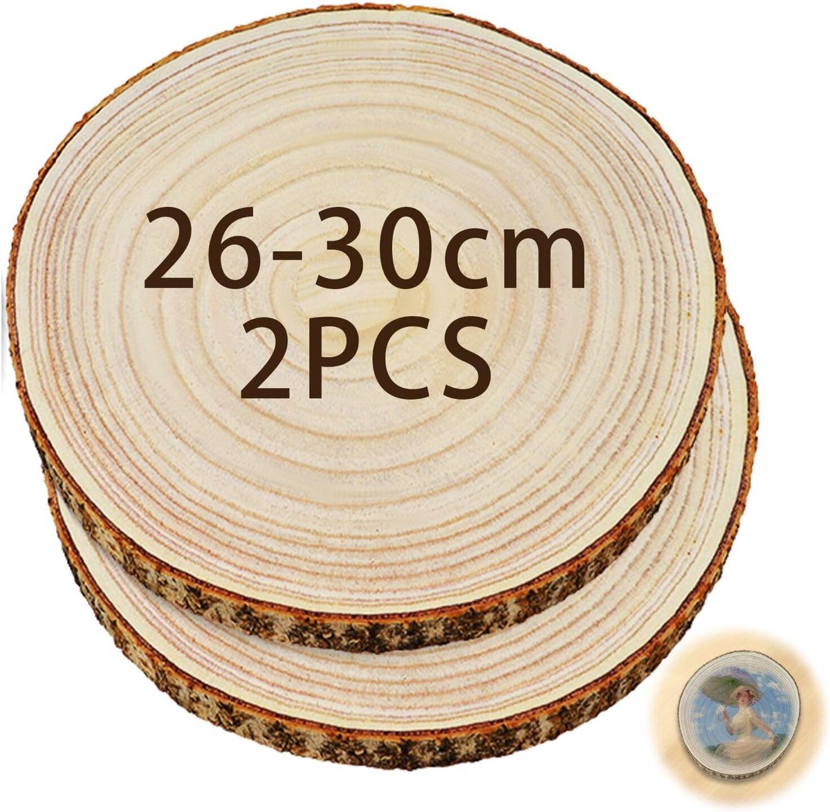 2 stuks houten logschijven, 26-30 cm, boomschijven, tafeldecoratie, onafgewerkte ronde natuurhouten boomschijven zonder gat, ca. 25 mm, voor doe-het-zelf knutselen, bruiloft, Kerstmis