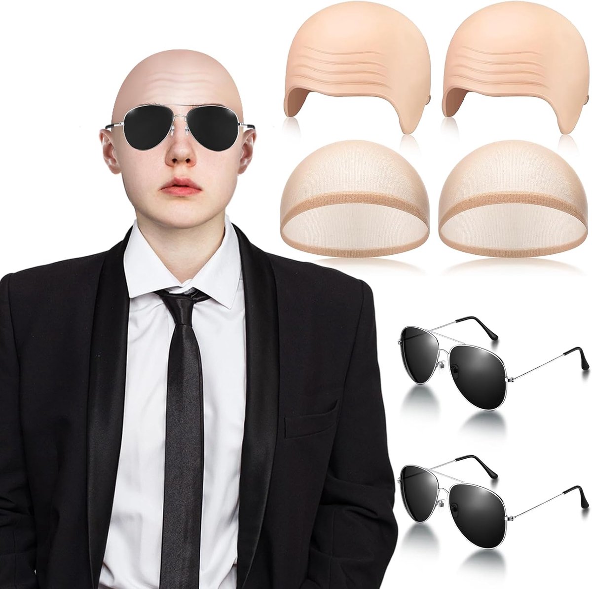 6 Stuks Halloween Kale Hoofdkap Met Bril Kap Voor Kale Pruik Feestkostuumaccessoires Voor Volwassenen, Vrouwen en Mannen Cosplay(Rimpel)