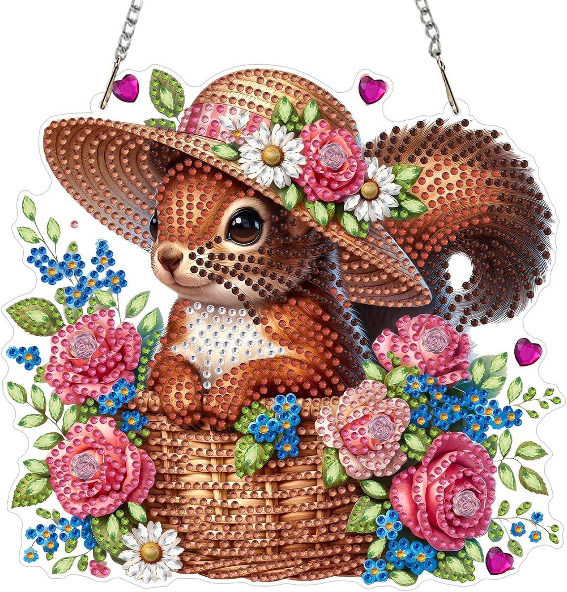 Eekhoorn Diamant Schilderij Hanger, Bloemenmand Diamant Schilderij Ornament voor Volwassenen Beginners, Speciale Vorm Strass Gem Kunst Ambachten Raamdecoratie Cadeau, Breedte 20 cm
