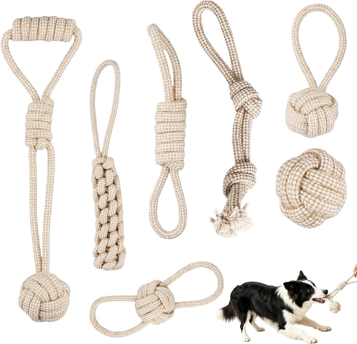 7 stuks hondenspeelgoed touw, hondenspeelgoedset met knoopbal, robuust kauwspeelgoed voor honden, interactief kauwen, hondentouw, puppyspeelgoed voor puppy's, klein, middelgroot