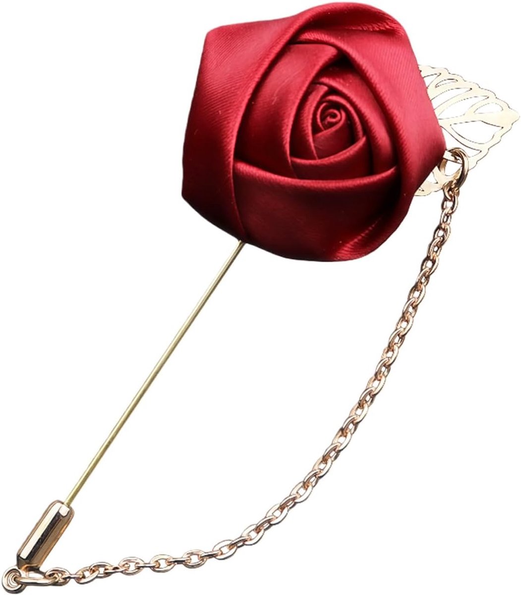 Rode Rose Bloem Revers Pin Gold Leaf Handgemaakte Stof Broche