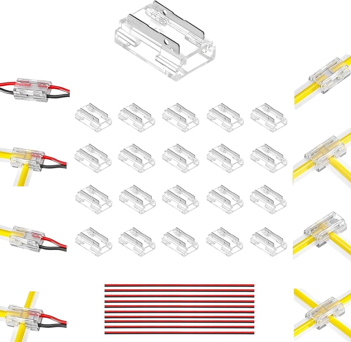 10mm 2Pin 20st 8-in-1 drukknop montage COB LED strip connector,8 types,zonder spleet en zonder soldeeraansluiting,ultra dun,recht,hoekig,met riemaansluiting,voor 5V 12V 24V LED strip