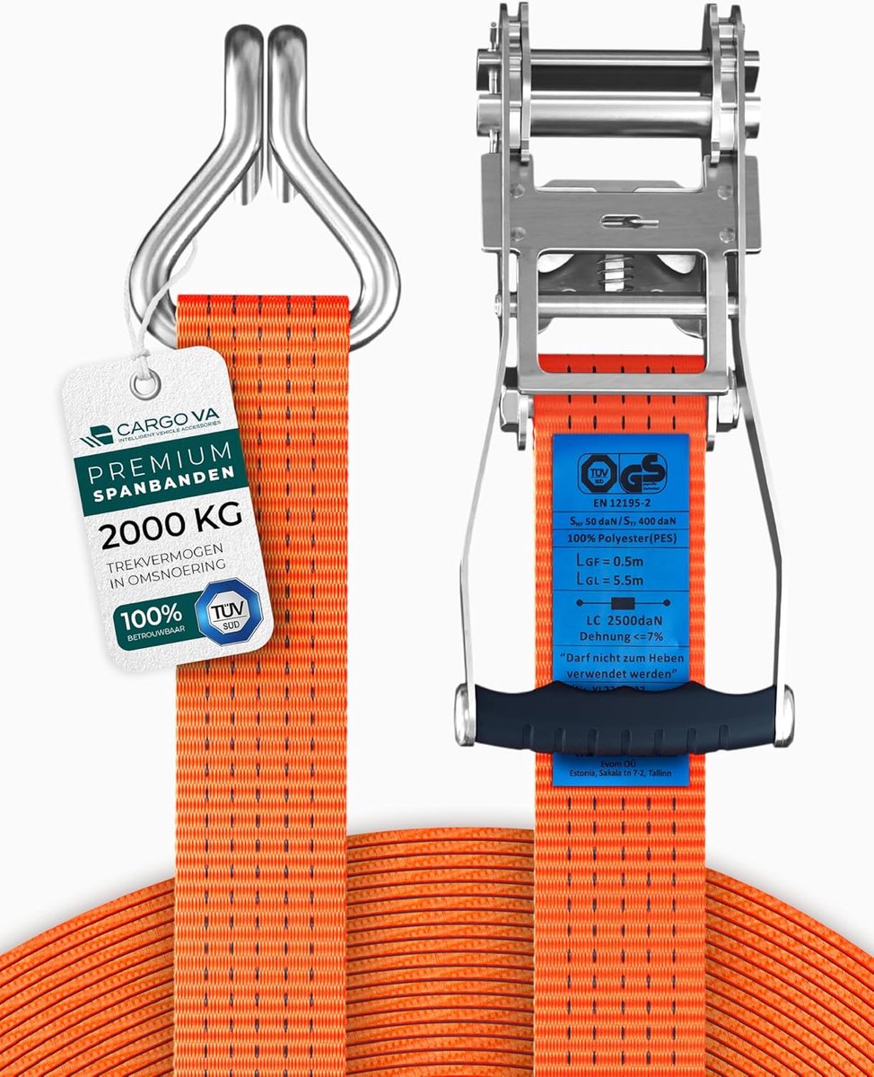 SnelShoppen - Heavy Load Spanbanden 2 kg, 6 m, 35 mm, TÜV/GS, Lashing Straps met Haken Professionele Kwaliteit, Set van 2 voor Transport, Camping en T