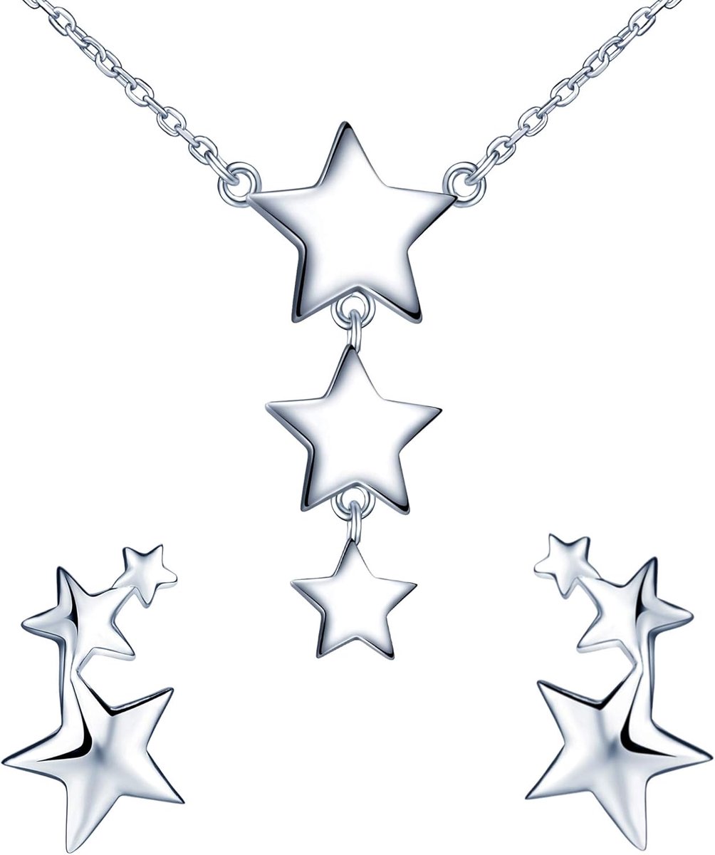 Sieradenset voor dames, sterretjes, halsketting met hanger en oorstekers, oorbellen van 925 sterling zilver, voor vrouwen en meisjes