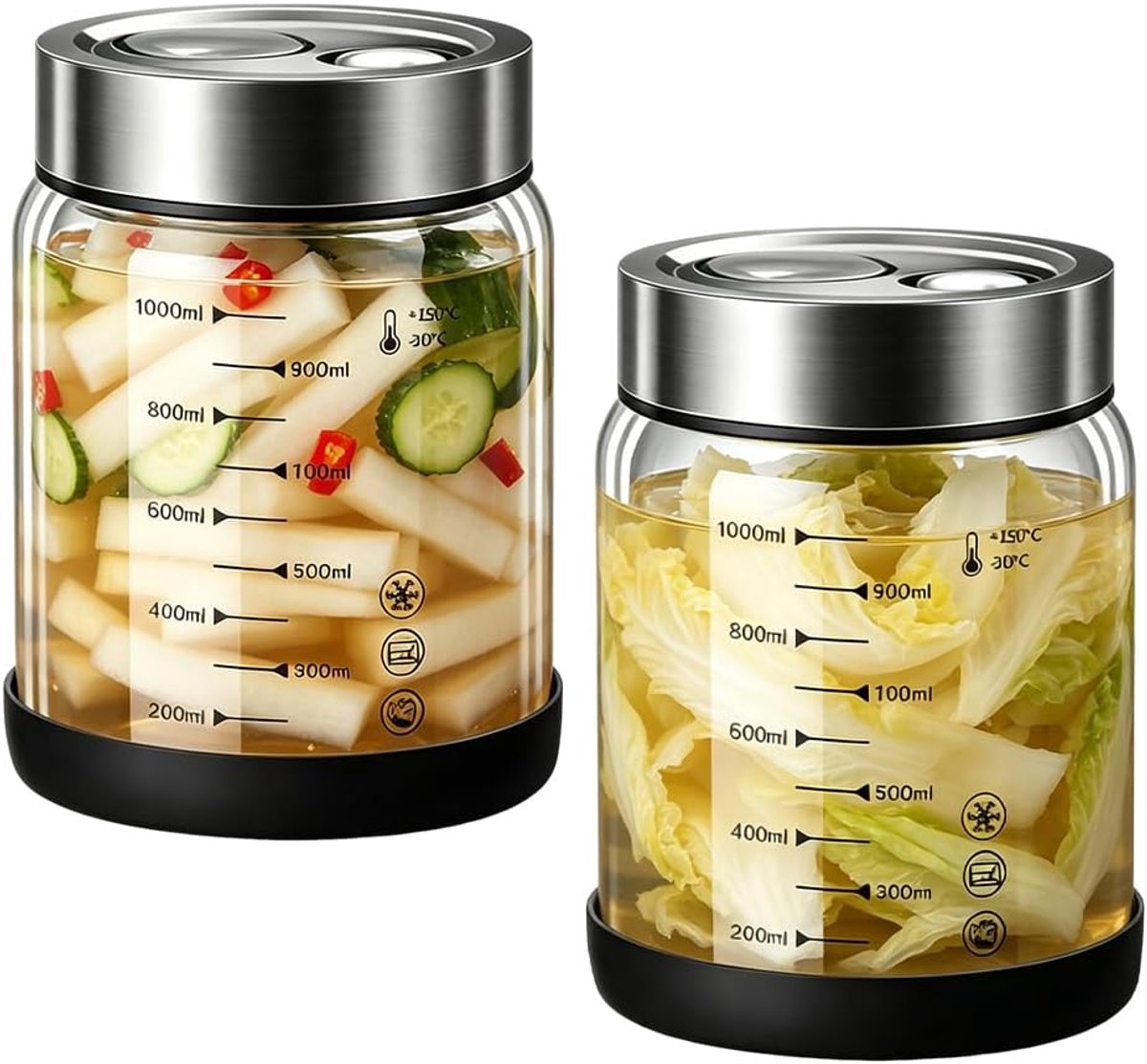 1 l, 2 stuks gistglazen met ventiel, kimchi-container met deksel, fermentatieglas met schaal voor zuurkool, komkommers, kefir en groenten