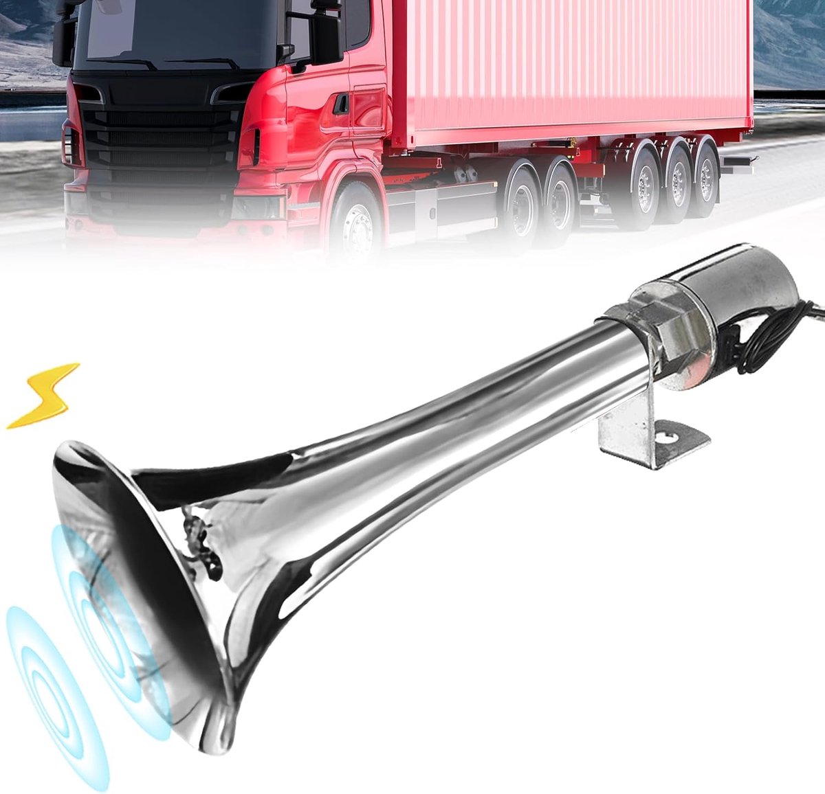 fluithoorn, 12 V/24 V persluchthoorns, claxon voor vrachtwagen, caravan claxon, voor auto's, vrachtwagens, SUV's, motorfietsen (zilver)