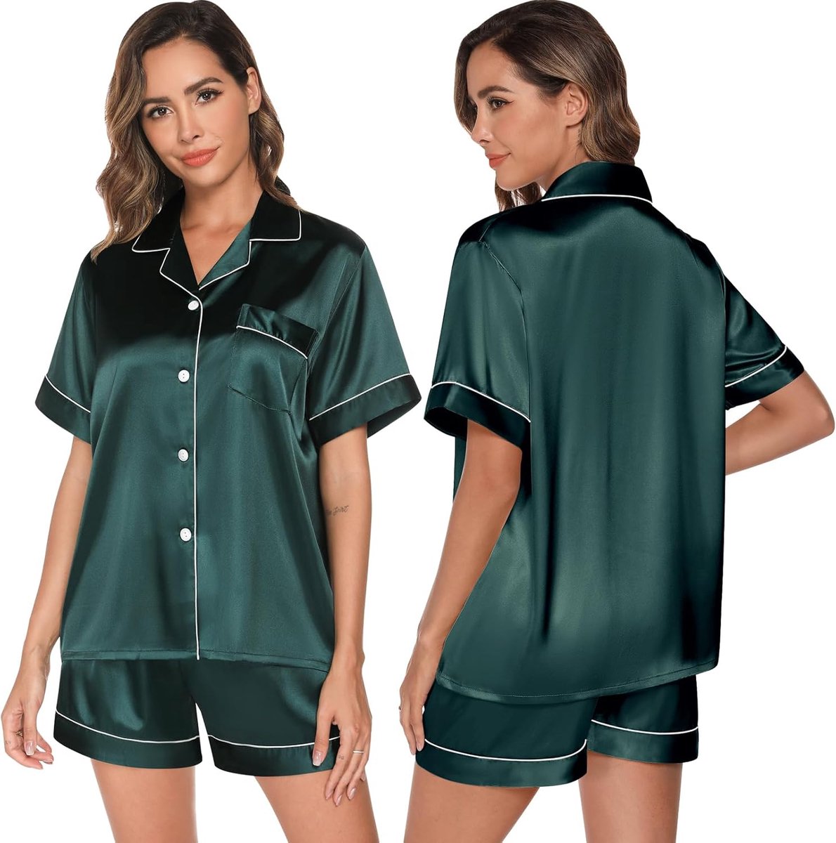 Damespyjama, tweedelige pyjama met lange mouwen en knopen, satijnen, winterpyjama, nachtkledingset, S-XXL