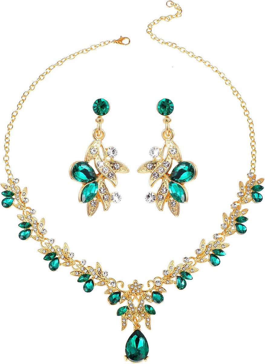 Kristallen strass sieradenset dames bruiloft bruidssieraden set groen luxe bruid halsketting en oorbellen bruiloft sieraden elegante sieraden voor bruiloft bal- en avondjurken