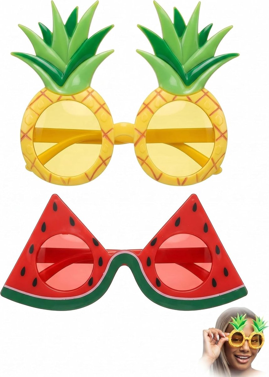 2 paar, ananas, watermeloen, grappig, kunststof, accessoires voor strand, Hawaii, zwembad, verjaardag en kostuums.