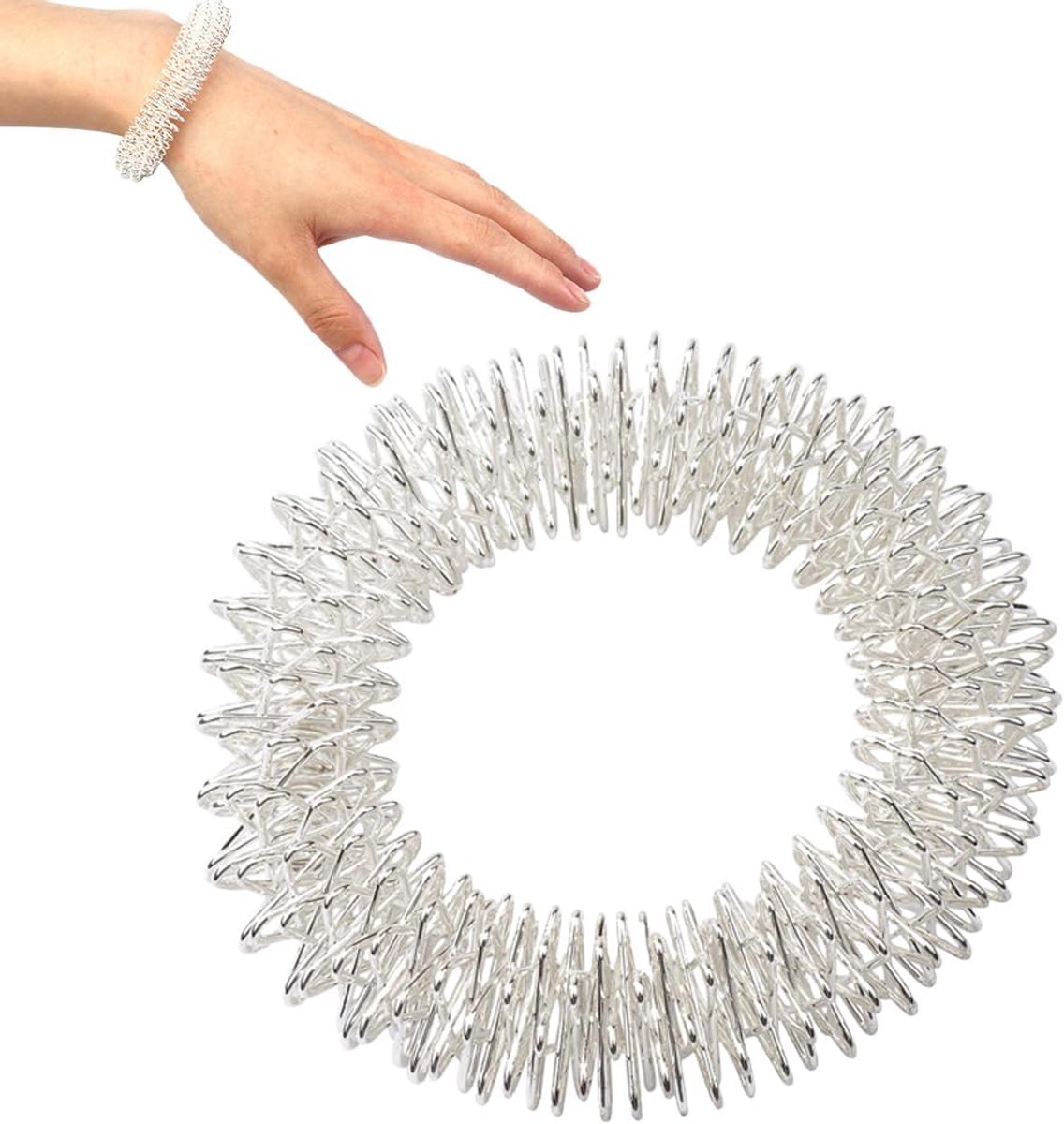 Massagering voor de pols, pijnverlichting, set van armbanden met stimulerende sensorische ringen, zilver