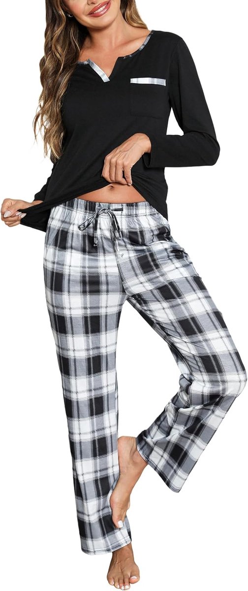 Dames pyjama set dames katoenen pyjama V-hals lange mouwen tops en