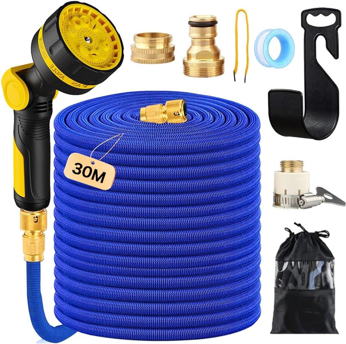 tuinslang, flexibel, maximaal 30 m, met 10 sproeifuncties, 3 adapters