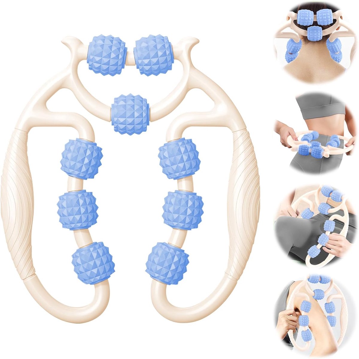 Massagerol voor beenspieren, massagerol tegen cellulitis 360°, beenmassagerol, 360 massagerol, verlicht vermoeidheid (wit + blauw + B)