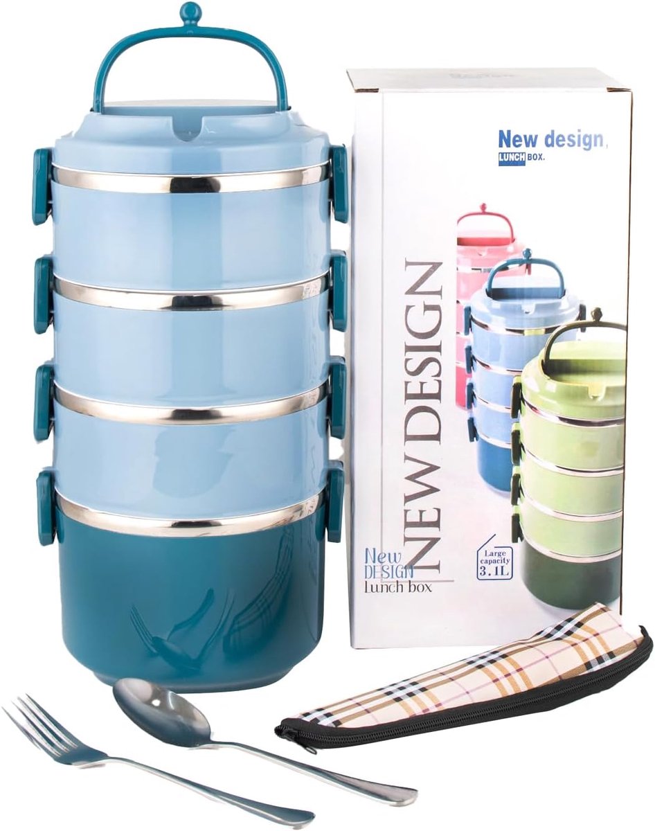 4 laag 18/8 roestvrijstalen lunchbox,stapelbare, Meerlaagse gratis combinatie Bento Box, met handvat,blauw