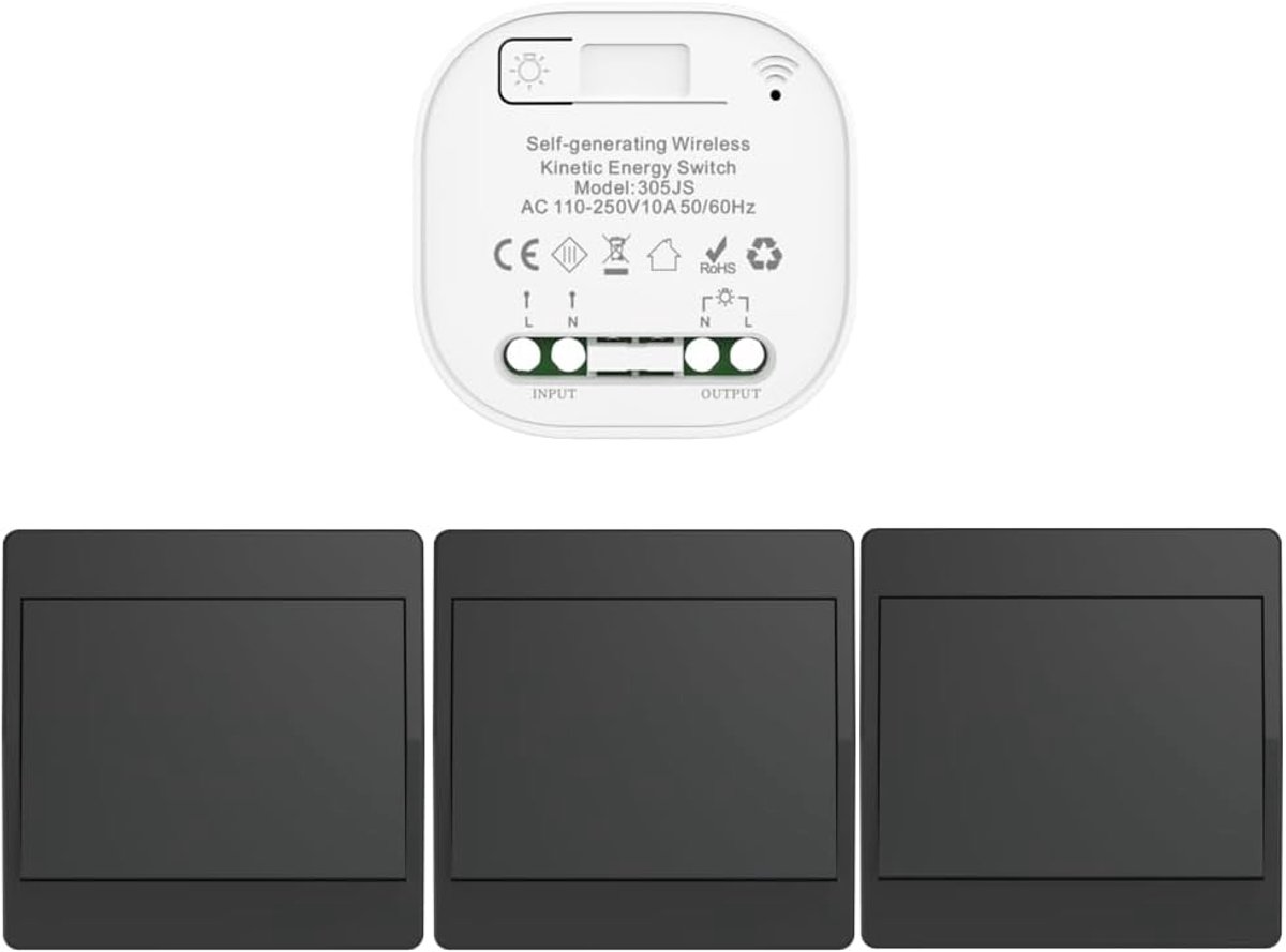 draadloze schakelaar, zwart, RF, kinetische draadloze schakelaar, enkele en dubbele bediening, zonder batterij, afstandsbediening, draadloze schakelaar (zwart 1 gang 3 V1 EU)