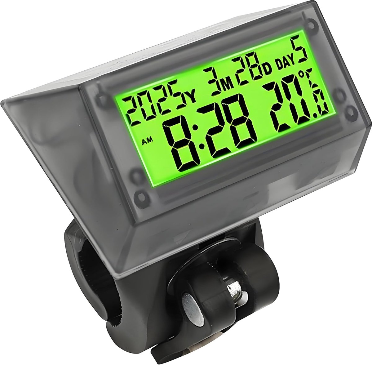 LCD-autoklok op zonne-energie Groene - waterdicht schokbestendig met beugel | Multifunctionele autoklok met tijd, datum, week, temperatuur en handvatbeugel – voor auto, motor, fiets en buitengebruik