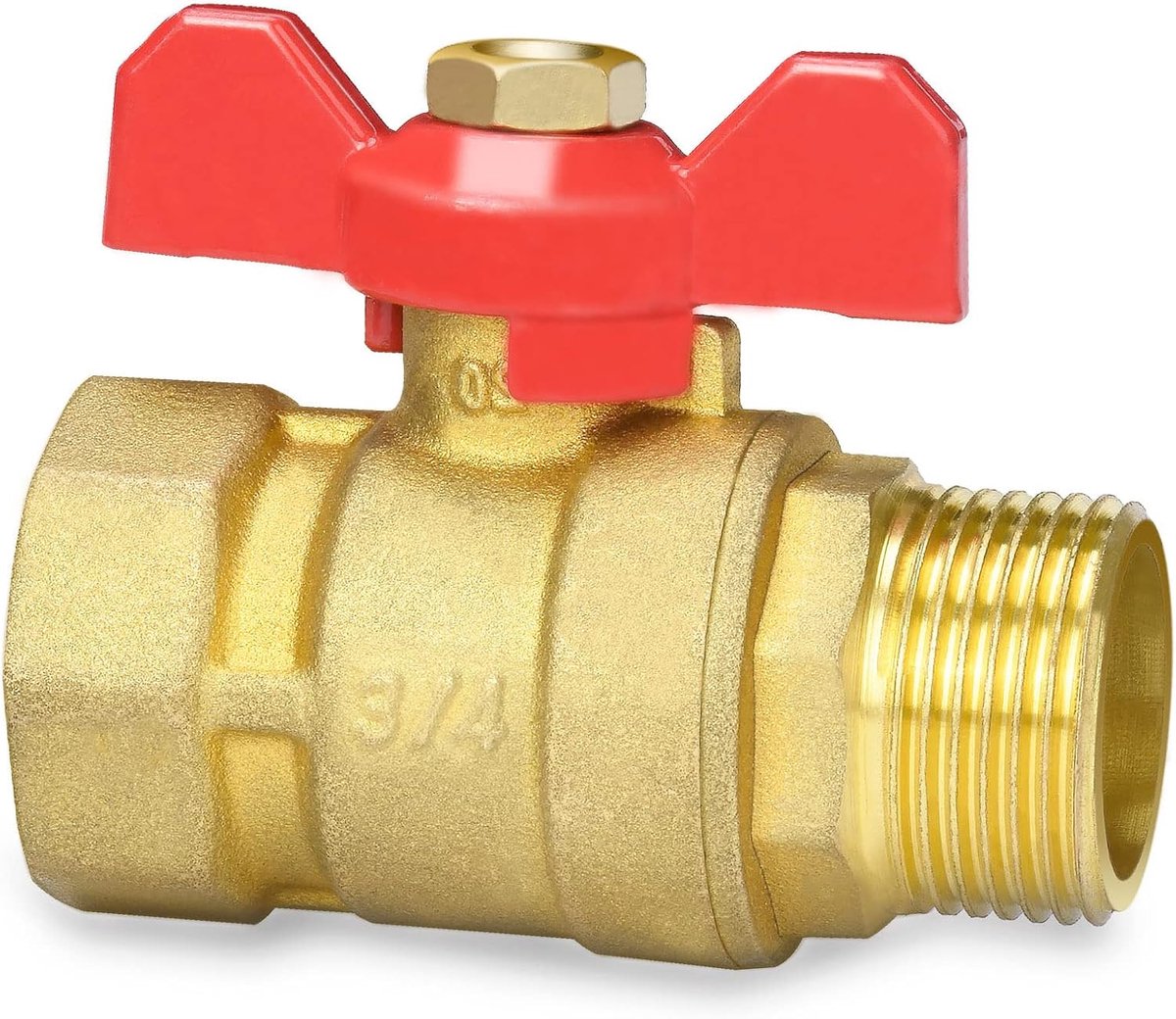 Kogelkranen met 3/4" scharnier in messing met rood vleugelhendel