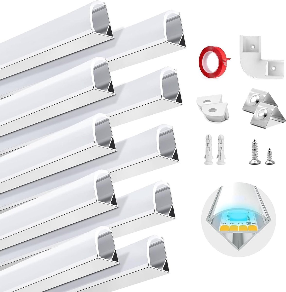Aluminium Kanaal, HOMMAND 10 x 1m LED Aluminium profiel, LED Strip Kanaal en Diffuser, LED Strip Profiel met Hoekverbinder, Plakband, Eindkappen, Montage Clips, LED Profiel V Vorm 10m