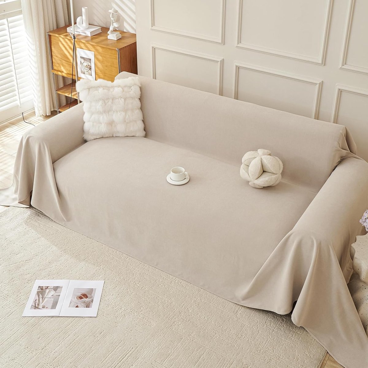 Sofahoes voor 3-zitsbank - Kattenkrabbestendig, Waterafstotend en Antislip - Bescherming voor Huisdieren en Kinderen - Khaki 340 x 180 cm