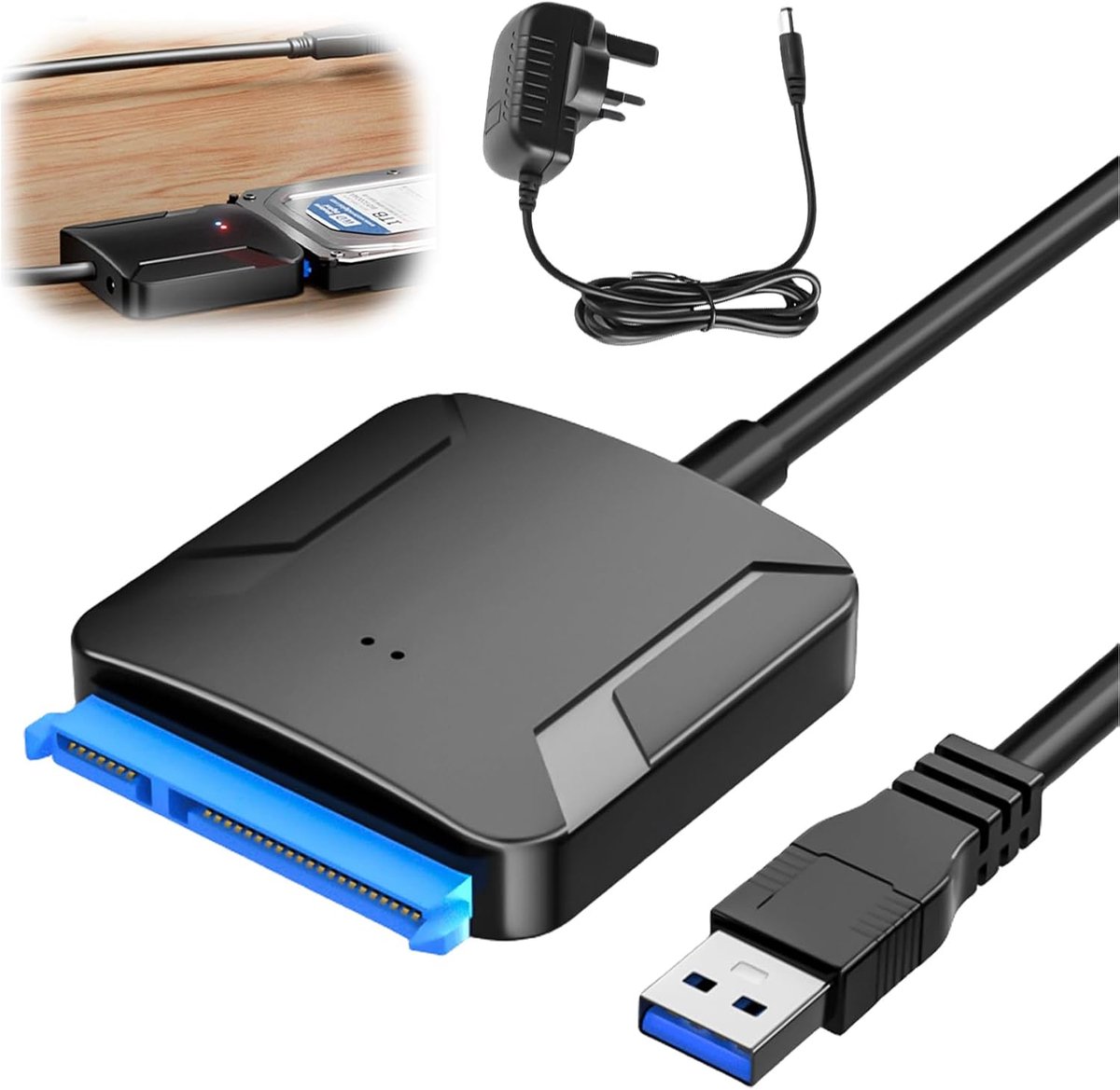 USB 3.0 naar SATA adapter, USB 3.0 naar SATA III harde-schijfadapter met 12 V/2 A voedingsadapter voor 2,5 inch / 3,5 inch HDD/SSD harde schijf