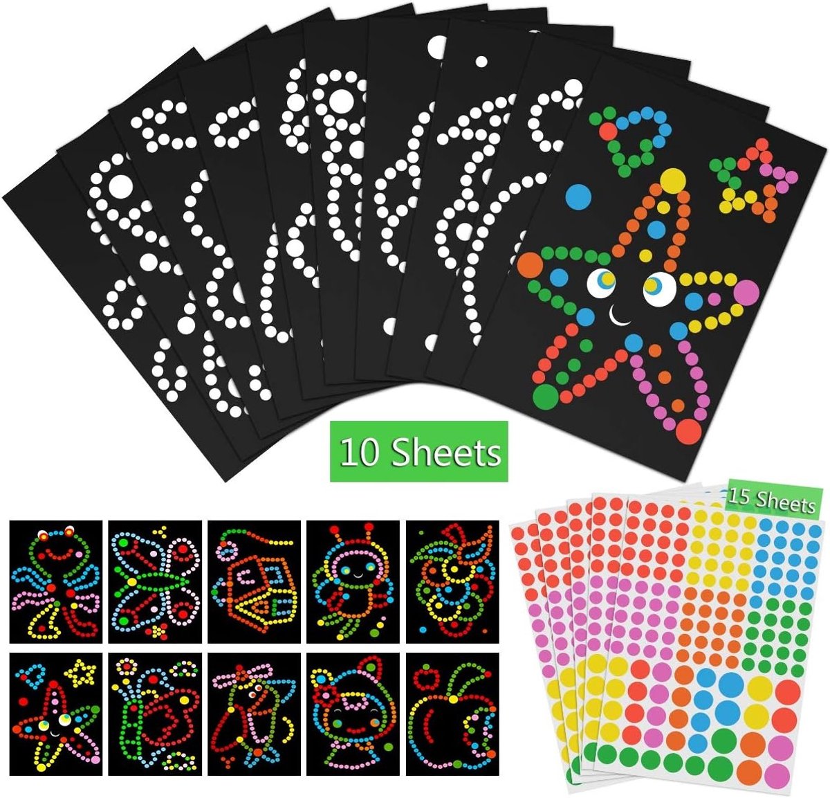 Puntstickers, kunstpapierset voor kinderen, 10 patronen, kleurrijk