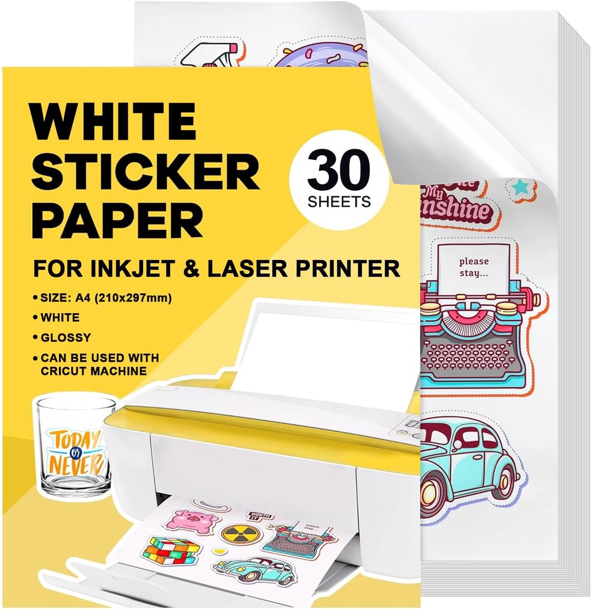 Stickerpapier om te bedrukken, 30 stuks, A4, wit, waterdicht
