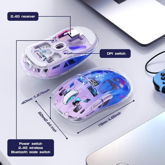 A2 Draadloze Gamingmuis, Dual-Mode 2.4G/Bluetooth Pc-Gamingmuizen, RGB-muis met Batterijdisplay, Transparante Behuizing, PixArt 3212 4000 DPI, voor Win/MAC, Twilight Purple — afbeelding 2