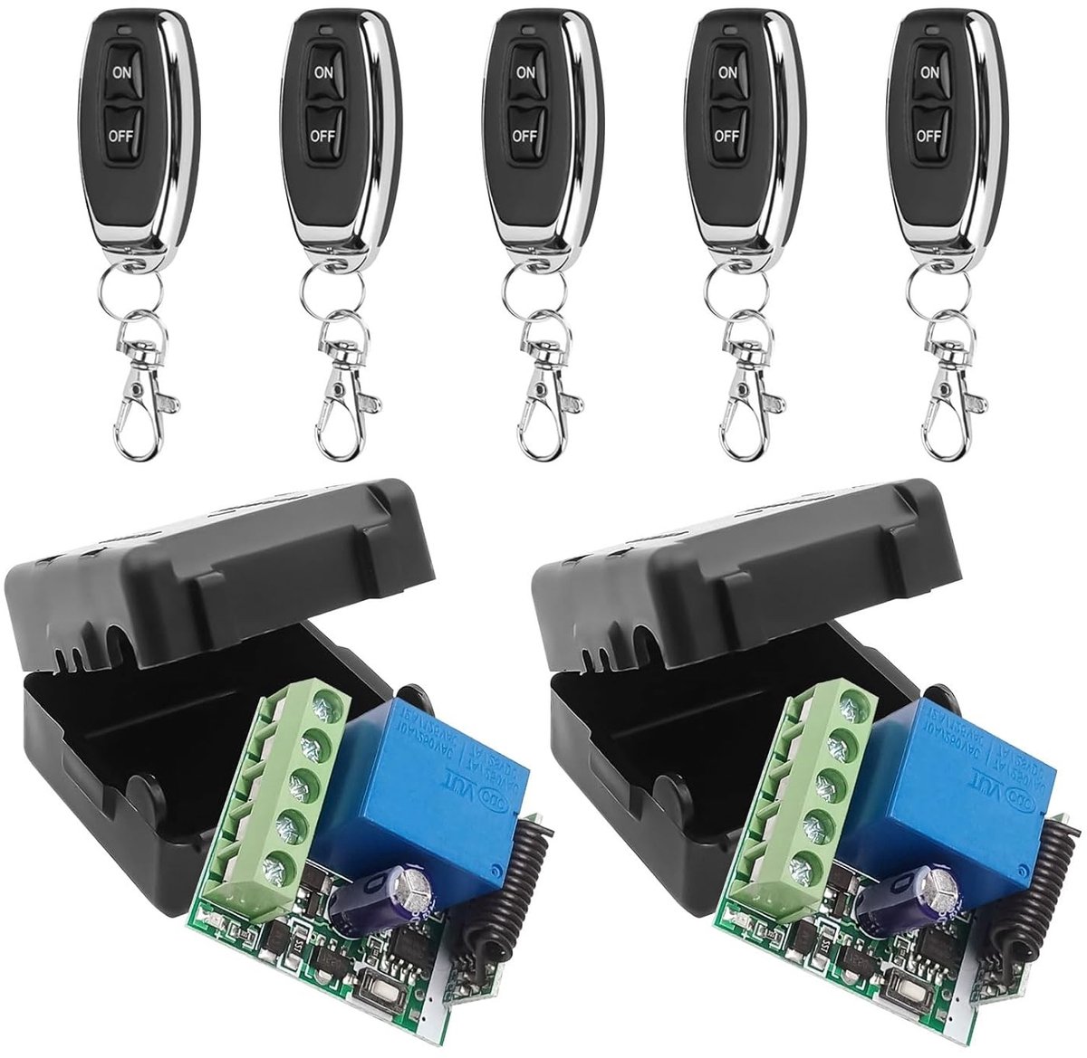 Draadloze afstandsbediening schakelaar 433Mhz DC 12V 1CH RF relais ontvanger met zender, ideaal voor garagedeuren en andere toepassingen (2 ontvangers + 5 afstandsbedieningen)