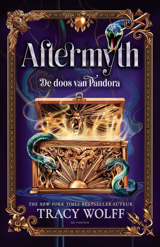 Boekomslag 'Aftermyth: De doos van Pandora' met gouden kist, kronkelende slangen en een demonisch gezicht.