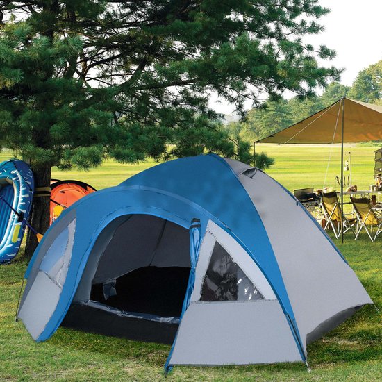 Campingtent 300x250x130cm Blauwgrijs Winddicht Koudebestendig UV-bestendig Dubbellaags Ontwerp Met Horren, Haringen, Tuilijnen en 2 Binnenzakken Stabiel Duurzaam Glasvezelstang Geschikt voor Buitencamping — afbeelding 5