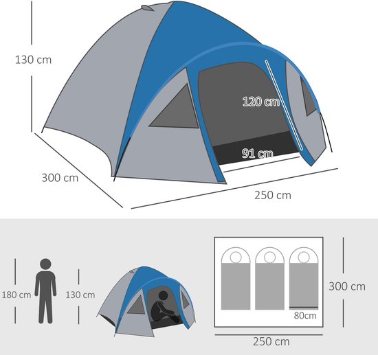 Campingtent 300x250x130cm Blauwgrijs Winddicht Koudebestendig UV-bestendig Dubbellaags Ontwerp Met Horren, Haringen, Tuilijnen en 2 Binnenzakken Stabiel Duurzaam Glasvezelstang Geschikt voor Buitencamping — afbeelding 3
