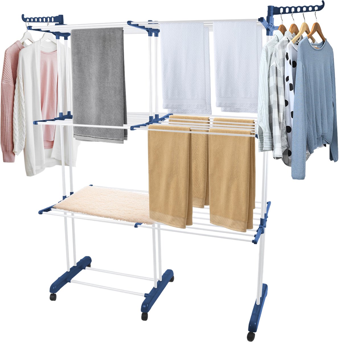 PIPIPOXER- Wasrek Inklapbaar-Droogrek-Staand Droogrek -Uitschuifbare Droogtoren – 3 Verdiepingen – 132 meter Drooglengte- Ruimtebesparend Wasrek -132x49x170 CM- Droogrek op Wielen - blauw en wit