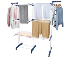 PIPIPOXER- Wasrek Inklapbaar-Droogrek-Staand Droogrek -Uitschuifbare Droogtoren – 3 Verdiepingen – 132 meter Drooglengte- Ruimtebesparend Wasrek -132x49x170 CM- Droogrek op Wielen - blauw en wit