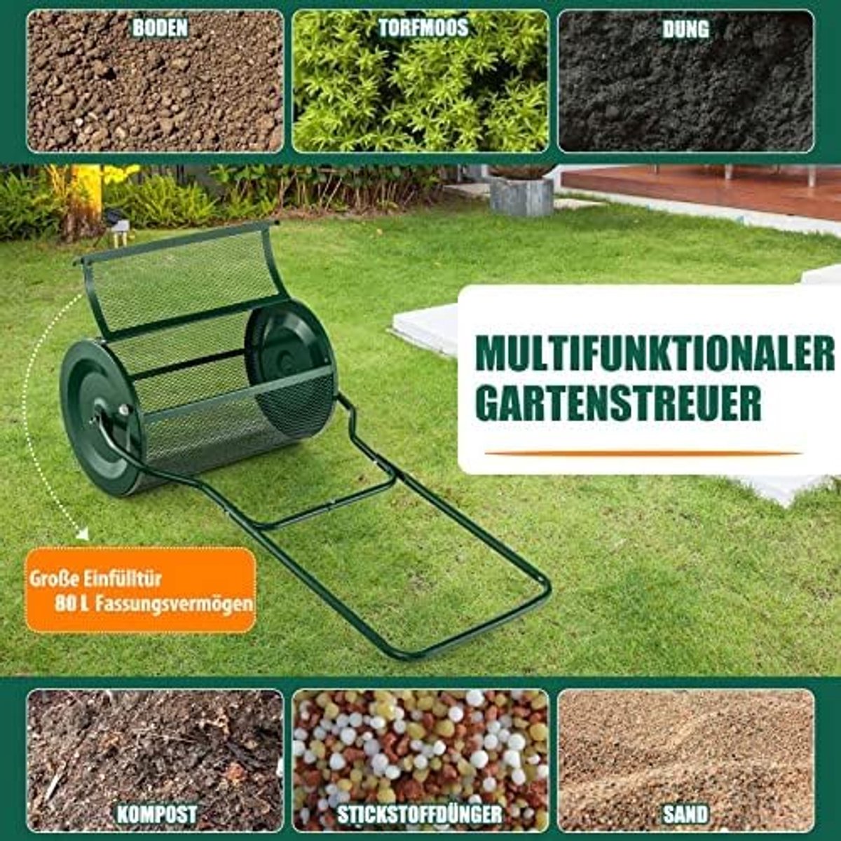 Compoststrooier, 80 liter, turfstrooier met U-greep, meststrooier voor gazon, tuin, tuinstrooier voor meststoffen en zaailingen