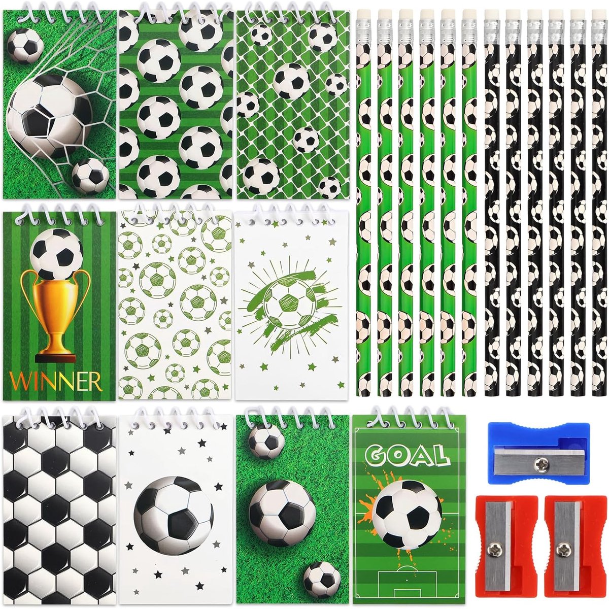 Voetbalcadeautje, 12 voetbalpotloden, 10 mini-spiraalblokken en 3