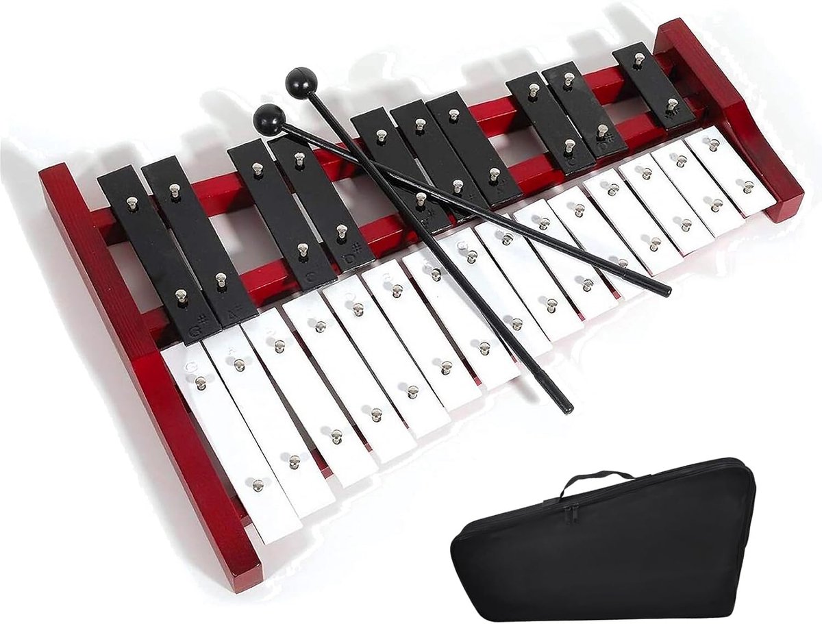 25 noten klokkenspel xylofoon, klokkenspel met metalen toetsen en houten sokkel, handpercussie met 2 bollen, draagbare draagtas, slaginstrument, muziekinstrument voor jongeren en volwassenen