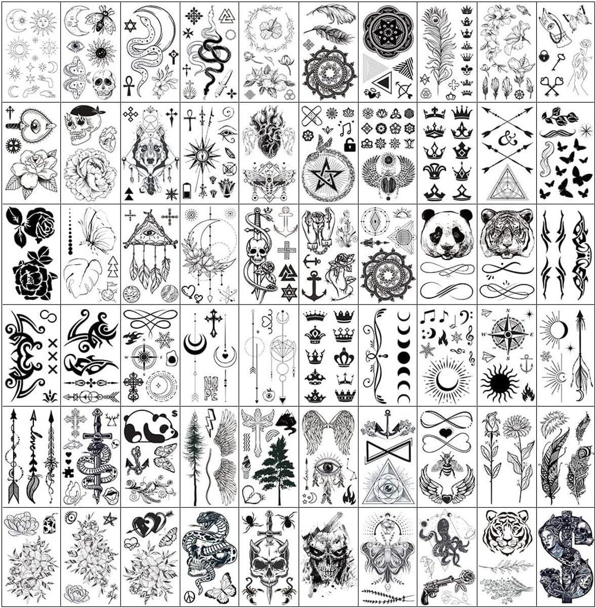 Tijdelijke tatoeages voor volwassenen, 60 stuks vintage skelet slangen tattoo ontwerpen, kronen, pijlen, zon maan sterren, lijnbloemen, vlinder tattoo stickers