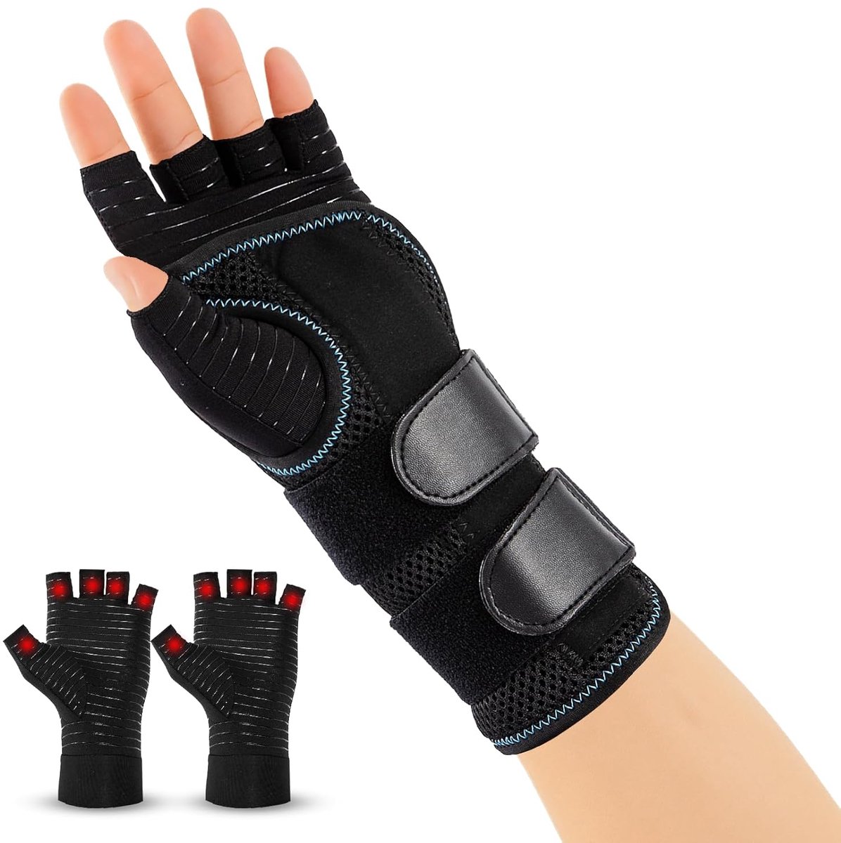 1 polssteun met 3 spalken en 1 paar artrose handschoenen (links, M)