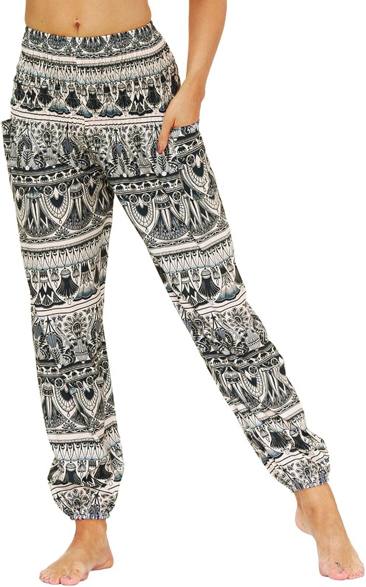hippiebroek voor dames, harembroek, boho-patroon, gesmokte taille met